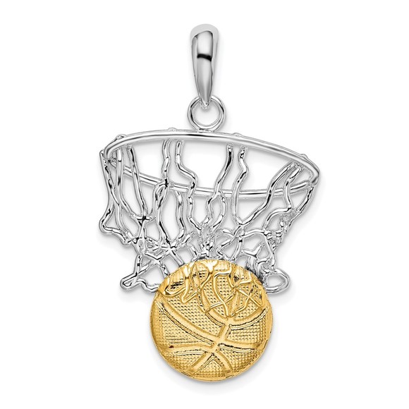 925 Sterling Silver Sports Net w 14k Yellow Gold Basketball Necklace Pendant - Picture 2 of 5